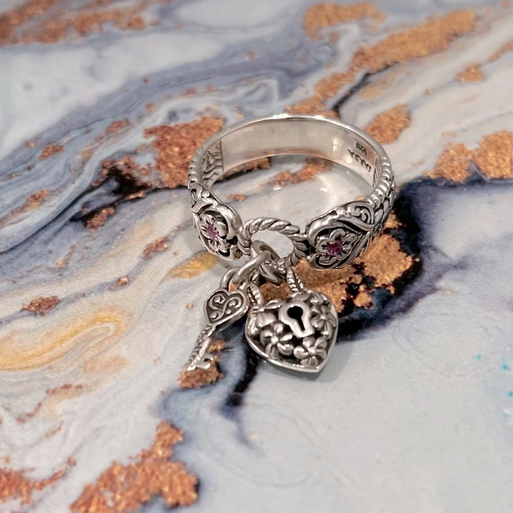 SARDA lock and key charm ring size 10 with micro set pink sapphires